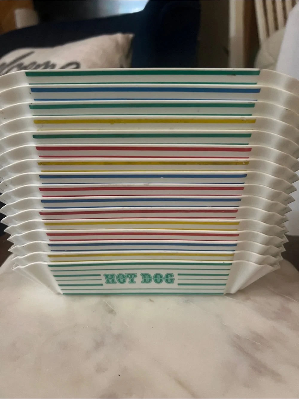 White Hot Dog Paper Trays with Multicolor Stripe Design